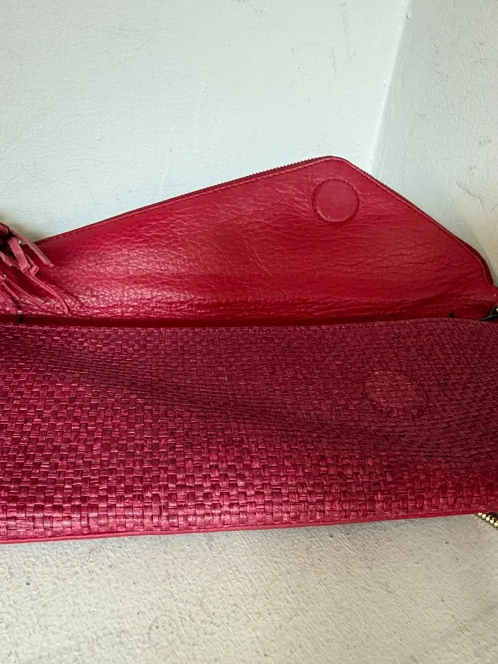 Henri Bendel Red Woven Leather Envelope Clutch Crossbody Gold Chain